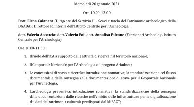 Seminario online “Le attività dell’Istituto Centrale per l’Archeologia nel supporto agli scavi e alle ricerche nel territorio nazionale”, 20 gennaio 2021)